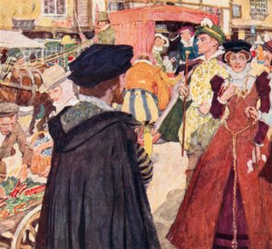 Shakespeare iakttar det dumma modet och upptågarna hos fops på Ludgate Hill, London av after William Hatherell
