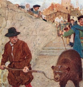 Shakespeare tittar på en björn på väg till björnträdgården vid Bankside av after William Hatherell