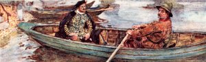 Shakespeare med en vattenman som roddes nerför Themsen, London
