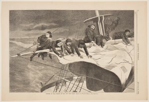 Vinter till sjöss – Ta in segel utanför kusten av Winslow Homer