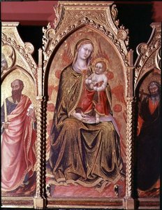 Altartavla av Gerard Cossassi degli Assi, detalj av centralpanelen föreställande Madonnan och barnet som tronade (olja på panel)