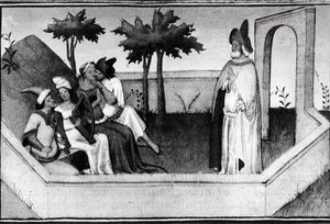 Ms Fr 2810 Hur den gamle mannen från bergen tog emot följeslagarna i trädgården, från Livre des Merveilles du Monde, ca 1410-12 av and workshop Boucicaut Master