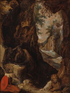 Holländska: Sankt Hieronymus i en grotta Sankt Hieronymus i ett landskap med en grotta av anonymous 