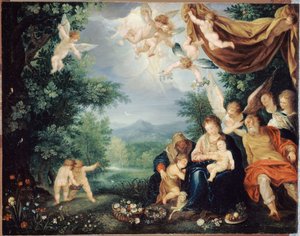 Franska: Le Repos de la Sainte Famille pendant la fuite en Égypte (Den heliga familjen vilar under flykten till Egypten) av anonymous 