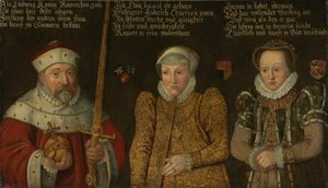 Tyska: Porträtt av kurfursten Fredrik III av Pfalz (1515-1576) med sina hustrur Maria von Brandenburg-Kulmbach och Amalia von Neuenar av anonymous 
