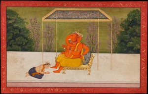 "Indra vördar den elefanthövdade guden Ganesha, sittande på en tron." Folio från Tehri Garhwal-serien av Gita Govinda