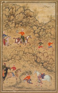 Jakt med falkar i ett landskap; Verso: Kalligrafi av Chaghatai turkiska dikter till pris av vin, Sultan Muhammad Nur (perser, ca 1472–1536) och Mirza Muhammad (troligen perser, aktiv ca 1520-talet) av attributed to Abd al Samad (Persian, c. 1510–1600)