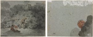 Fagot Gatherer (recto) Studie av ett huvud sett underifrån (verso) av attributed to Francisque Millet