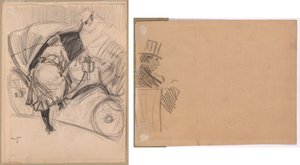 Kvinna som går in i en fiaker (recto); Höger profil av man som bär hög hatt (verso) av attributed to Jean Louis Forain