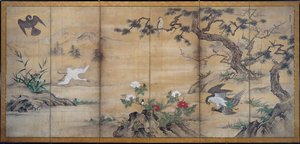 Fåglar och blommor av attributed to Kano Shōei