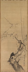 Sparvar på blommande plommon av attributed to Kano Tan’yū