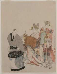 Kurtisan på stan med skötare på natten av attributed to Kubo Shunman