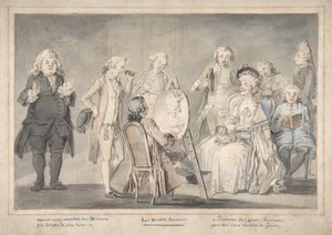 Satirisk teckning: Konstnär som målar en gammal dams porträtt, 1729-1804. av attributed to Pietro Antonio Novelli.