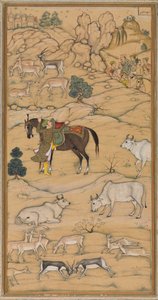 Akbar sätter upp sin häst; sida från Chester Beatty Akbar Nama (Akbars historia) av attributed to Sur Das Gujarati