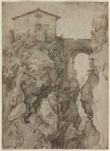 Ponte San Rocco i Tivoli av attributed to Willem van Niewlandt