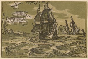Två tremästarskepp utanför en kustlinje av attributed to workshop of Willem Jansz. Blaeu