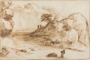 Landskap med ett vattenfall av called Guercino Giovanni Francesco Barbieri