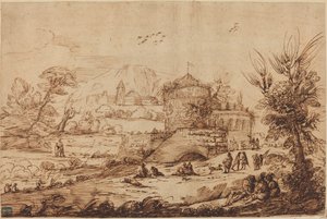 Landskap med fästning och flod av called Guercino after Giovanni Francesco Barbieri
