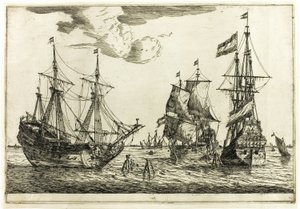 Tre förtöjda segelfartyg, från Tretton marinscener