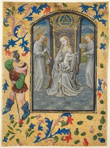 Blad från en timbok: Virgin and Child Enthroned av circle of Guillaume Vrelant