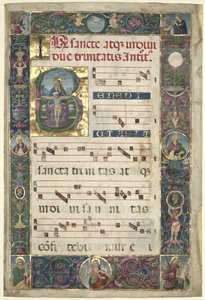 The Trinity: Leaf from a Gradual med initial B av circle of Perugino