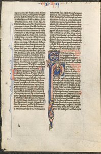 Blad från en latinsk bibel: Initial P med St. Paul som håller ett svärd (S:t Paulus brev till Efesierna) av circle or workshop of Johannes Grusch Atelier