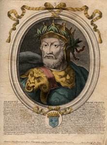 Porträtt av Merovee eller Merovech, franckung (v448-v458), första kung av den merovingerska rasen - Porträtt av Merovech (Meroveus) (d456) Kung av Salian Franks - gravyr från 