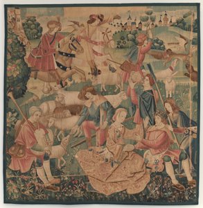 Jakt och pastorala scener, med en kransad hjälte mellan damer av design probably French 16th Century, Paris; woven in southern Netherlands or Paris in an undetermine workshop