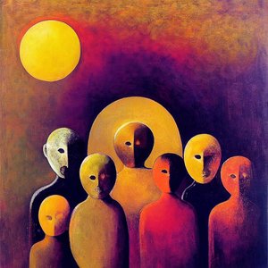 Abstrakt folkmassa med uttrycksfulla ansikten, figurativ surrealismkonst