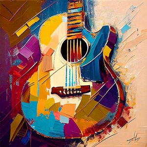 Abstrakt musikkonst, elgitarrmålning i fyrfärg, canvastavlor av F. Abderrahim