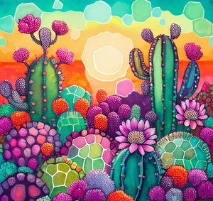 Desert Bloom: färgglad abstrakt målning av solnedgången på kaktusplatåerna av F. Abderrahim