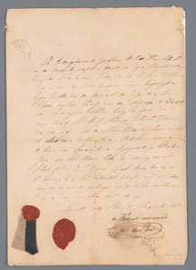 Tygstycke från uniformskjolen till J.C.J. van Speyk med bifogade härkomstbevis av jonkheer H. E. de Boer