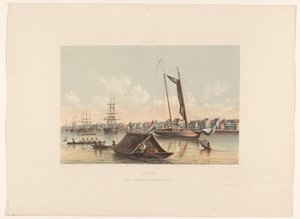 Strandnära och väggård i Paramaribo Surinam. Utsikt över vattenkanten och väggården i Paramaribo (titel på objektet) av jonkheer Jacob Eduard van Heemskerck