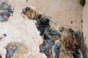 Ängel och helgon, detalj från fresk i kyrkan Agios Georgios Apodoulou, Apodoulou, Kreta, Grekland (foto) av Theodore Charles Ange Coquelin