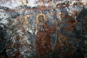 Kristus med änglar och helgon, fresk i kyrkan Panagia, Kitiros, Kreta, Grekland (foto) av Theodore Charles Ange Coquelin