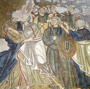 Judas kyss, mosaik i katholikon (huvudkyrka) i Nea Moni-klostret (Unescos världsarvslista