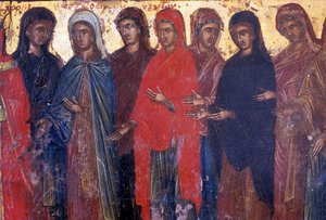Fromma kvinnor, träpanel i den bysantinska kyrkan Palea Roumata, Kreta, Grekland (foto) av Theodore Charles Ange Coquelin