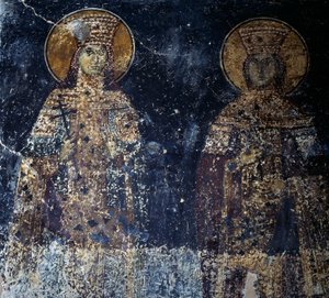 Heliga, fresk i den bysantinska kyrkan Sotiras Christos, Veria, Centrala Makedonien, Grekland