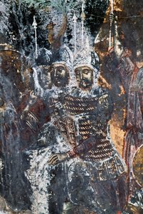Soldat, skadad fresk på taket av kyrkan Agios Vasileios, Vavouledo, Kreta, Grekland (foto) av Theodore Charles Ange Coquelin