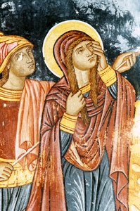 St Longinus och Maria, korsfästelsesscen, fresk i Mikro Sotiris kloster, ön Symi, Grekland (foto) av Theodore Charles Ange Coquelin