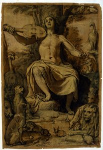 Orpheus förtrollar djuren med musiken från en violin. Teckning av Federico Zuccari (1542 - 1609). av or Zuccaro Federico Zuccari