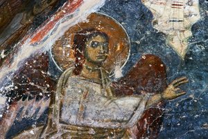 Ängel, fresk i den bysantinska kyrkan Agios Georgios Sfakiotis, Diavaide, Kreta, Grekland (foto) av Unbekannt Unbekannt