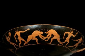 Vindsmugg med röda figurer som föreställer idrottare i träning, en discobole och brottare. Målning tillskriven målaren av Euergides (slutet av 600-talet f.Kr.). Paris, Louvren av painter Euergides