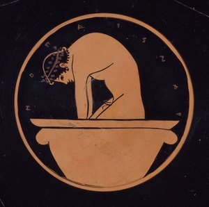 GR.15-1937 Attisk rödfigurig kopp: föreställande en yngling i en klockkrater, inskription: "pojken, ja pojken är vacker", 510-500 f.Kr (lera) av painter Euergides