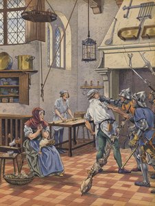 En kock som greps i sitt kök av vapenmän misstänkt för att ha försökt förgifta kungen (färg litho) av pseudonym for Onfray de Breville Jacques Job