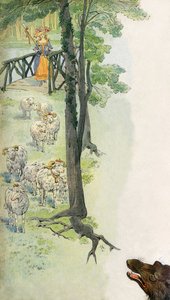 Bergere som vaktar sina får (får och beliers) på landsbygden, under en vargs hotfulla blick - Illustration av Job (Jacques Marie Gaston Onfroy de Breville) (1858-19131) för boken "La Cantiniere" av G. Montorgueil, cirka 1900 av pseudonym for Onfray de Breville Jacques Job