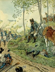 Italiens fälttåg (1799-1800): Napoleon I Bonaparte (1769-1821) vid slaget vid Marengo den 14 juni 1800 i Piemonte (Italien), mot Napoleonska och österrikiska arméerna. Illustration av Jacques Marie Gaston Onfray de Breville dit JOB (1858-1931). Privat C av pseudonym for Onfray de Breville Jacques Job