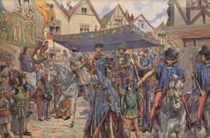 Folkmassor på gatorna i Paris hälsar Ludvig XI när han anländer från Bourgogne för att göra anspråk på sitt kungadöme efter sin fars, Charles VII:s död (färg litho) av pseudonym for Onfray de Breville Jacques Job