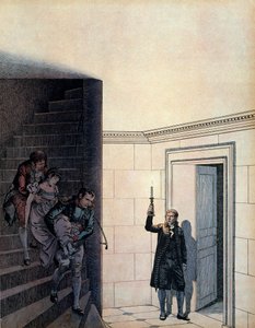 Kejsar Napoleon I Bonaparte (1769-1821) och hans kammarherre efter tillkännagivandet av hennes skilsmässa 1809, hade kejsar Josephine (1763-1814) försvunnit i hennes sovrum. I "" Napoleon"" av Georges Montorgueil. Illustration av Jacques Marie Gaston Onfra av pseudonym for Onfray de Breville Jacques Job