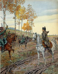 Kejsar Napoleon I Bonaparte (1769-1821) härskade det andra regementet av hästjägare 1806 under fälttåget i Preussen (Tyskland) före slaget vid Iena den 14 oktober 1806. I "" Napoleon"" av Georges Montorgueil. Illustration av Jacques Marie av pseudonym for Onfray de Breville Jacques Job